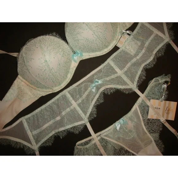 Victoria's Secret 32B BRA SET+garter CORSET+S SLIP Bridal white mint blue I DO
